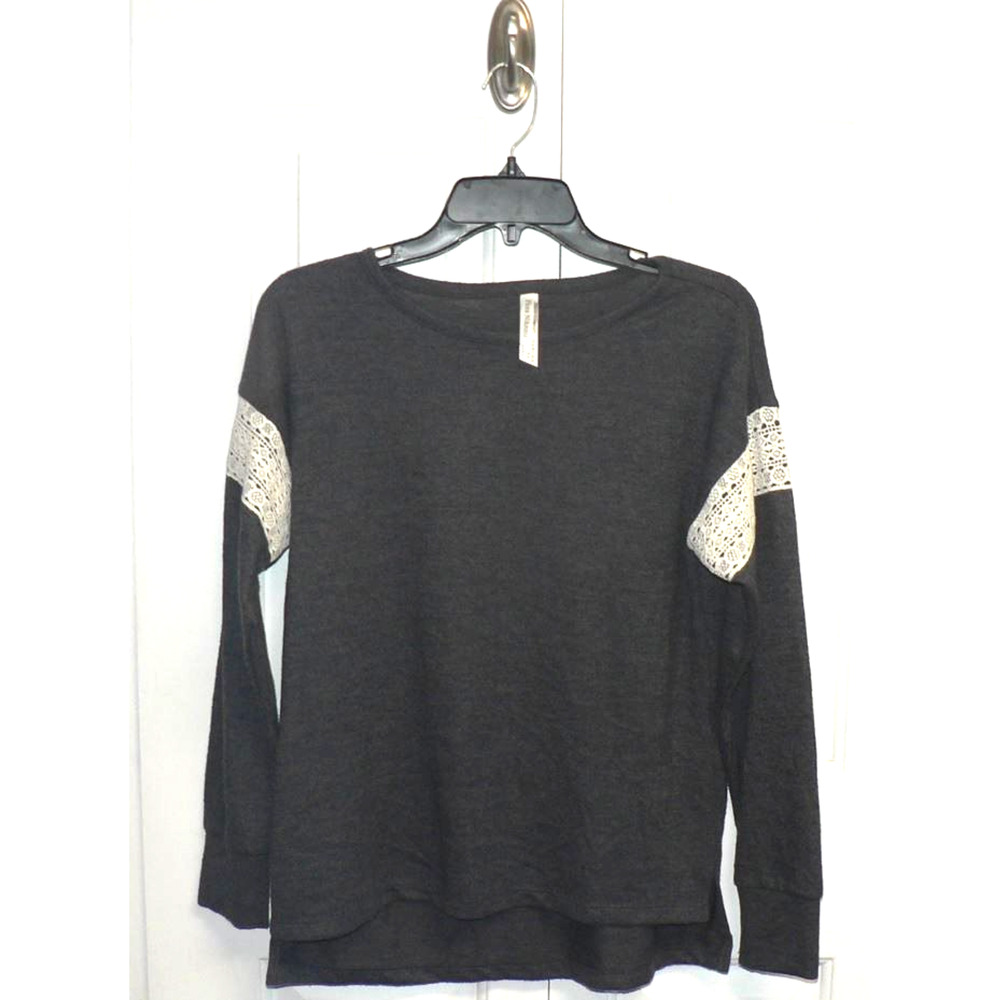 Flora Nikrooz Women's Alexandra Lace-Trim Hacci Pajama Lounge Top Charcoal Small